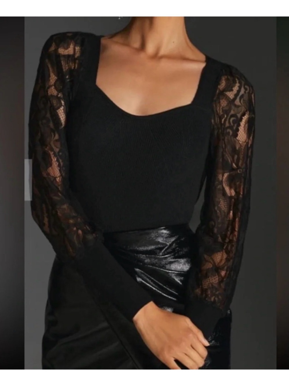 Anthropologie Black Lace-Sleeve Square Neck Top S